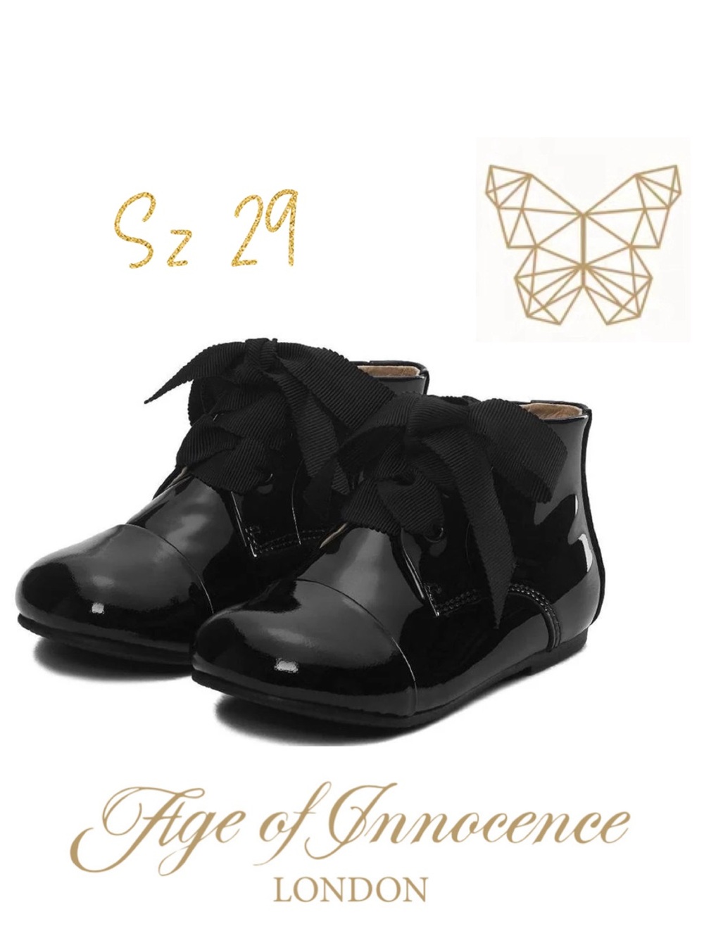 Age of Innocence Black Patent Leather Ribbon Lace Booties / Shoes EU 29 JANE PU